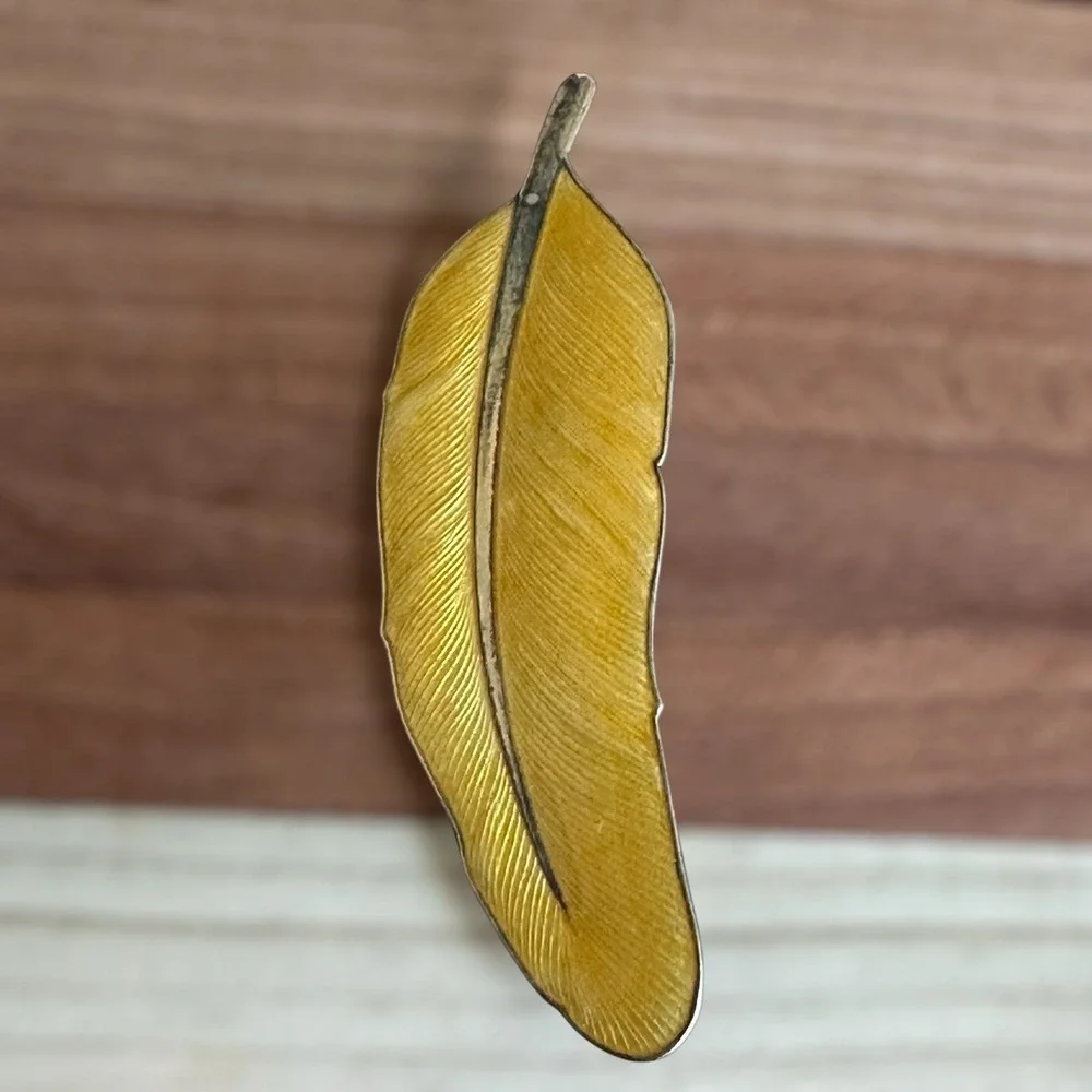 VTG E Dragsted Feather Brooch Pin 2.875 Inch Denmark Gold Enamel‎ Sterling 13.8g